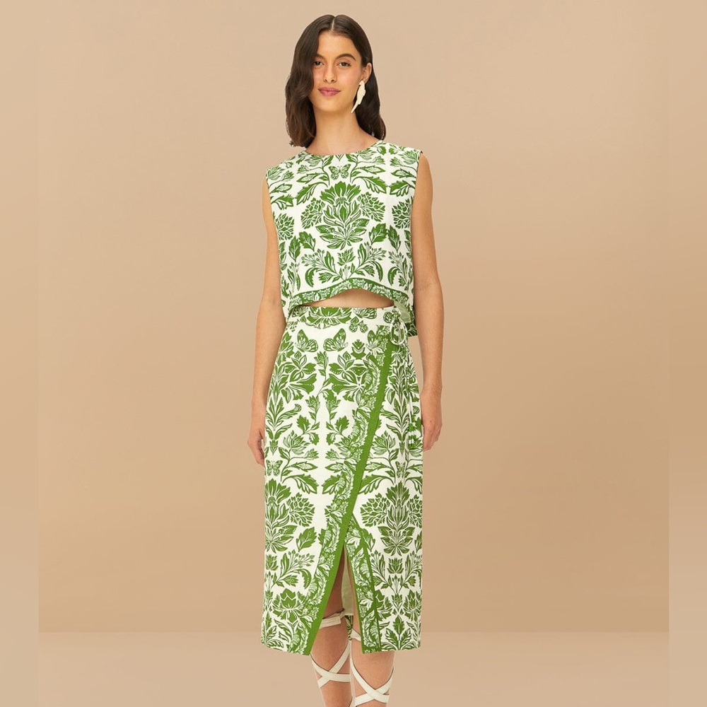 FARM Rio Green Floral Midi Skirt